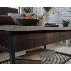 market lift up coffee / work table rich walnut finish, close up  back view of the coffee / work desk. with it thick slate grey effect top and rich walnut finish. and open wire mesh shelf.