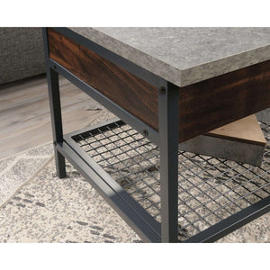 market lift up coffee / work table rich walnut finish close up of the coffee / work table with slate grey effect top and open wire mesh shelf.