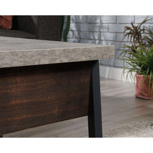 market lift up coffee / work table rich walnut finish. close up of the rich walnut side and thick slate grey effect top.