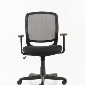 Showing front view of the mave operator mesh back home office chair, with T-bar armrests and 5 star base with castor wheels.