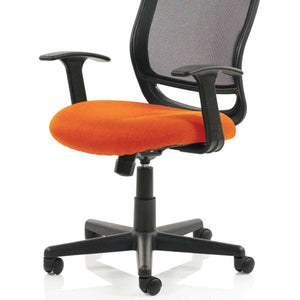 Side view of the mave operator chair in Tabasco orange coloured fabric cushioned seat with black mesh backrest.