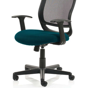 Side view of the Maringa teal coloured fabric cushion seat for the mave mesh back operator home office chair.