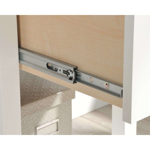 mediterranean shaker style soft white home office desk. close up of the t-lock assembly system.