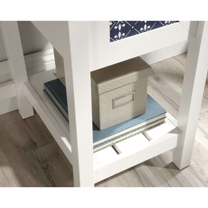 mediterranean shaker style soft white home office desk. close up side view of the  with shelving for storage.