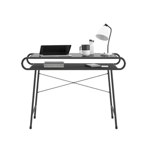 metro black metal frame home office desk. front showing how the desk could look in your home office with laptop and lamp.