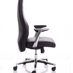 Side view of the contoured backrest , aluminium armrests and 5 star base with castor wheels.