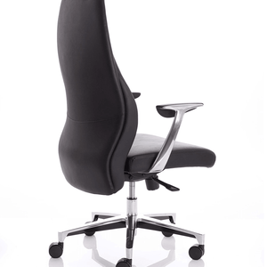 Side back view of the  contoured blackrest of the mien soft bonded leather home office chair with aluminium armrest and 5 star base . 