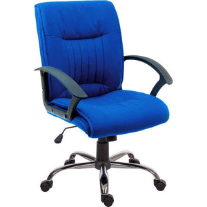 milan blue fabric executive home office chair. close front view of the blue fabric  with strudy chrome base.
