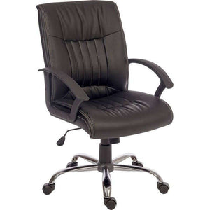 milan leather faced executive home office chair. close up milan leather chair with fixed arms chrome base.