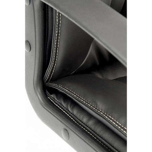 milan leather faced executive home office chair. close up of fixed armrest and detailed stitching.