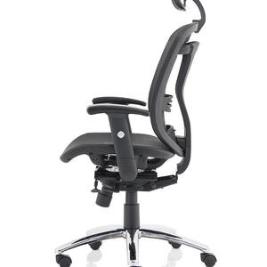 Side view of the mirage with contoured backrest adjustable armrests and sprung seat with 5 star base.