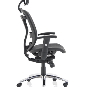 Right side view of the mirage executive home office chair with headrest contoured mesh sprung backrest , with sprung cushioned seat adjustable armrests, and 5 star base with castor wheels.