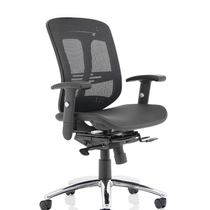 Showing side view of the contoured mesh backrest and sprung seat  with adjustable armrests and 5 star base .and castor wheels.