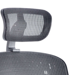 Font view of the contoured adjustable headrest for the mirage ii executive home office chair.