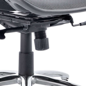 Close up of the adjustable height lever and gas lift of the mirage ii  executive home office chair.