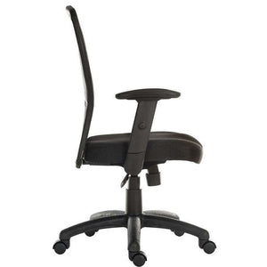 mistral executive mesh back and leather faced seat home office. close up side view showing the shaped backrest for your back.