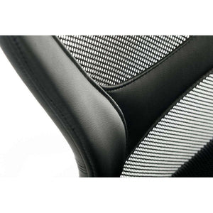 mistral executive mesh back and leather faced seat home office. close up side view showing the shaped aerated backrest.