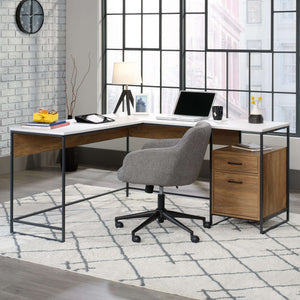 moderna l shaped in sindoori mango with white accents home office desk. showing how this would look in your home office.