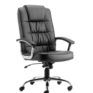 Showing the deluxe version of the moore executive home office chair , in upholstered soft leather padded arms with chrome finish and chrome 5 star base with black castor wheels.