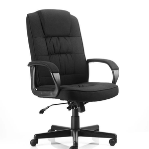 Side view of the black fabric  Moore Executive home office chair, with black 5 star base with black castor wheels.