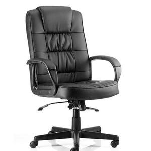 Showing the black leather  Moore Executive home office chair with  matching black padded armrests and 5 star base with black castor wheels.