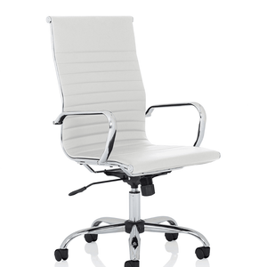 Showing the Nola Executive home office chair in white leather with matching chrome armrests and 5 star base. with castor wheels.