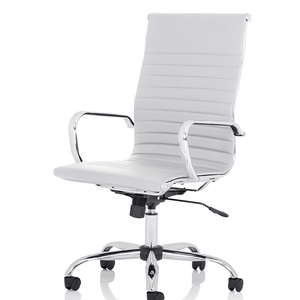 Right angle view of the white leather one piece seat and backrest with waterfall front and matching chrome armrests and 5 star base. with  black castor wheels.