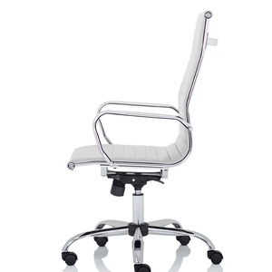 Side view of the white leather Nola executive home office chair with contoured backrest , matching chrome armrests and  5 star base , with  black castor wheels.