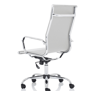 Side view of the white leather Nola executive home office chair with matching chrome armrests and 5 star base with black castor wheels.