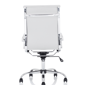 Back view of the white leather Nola executive home office chair with matching chrome armrests and 5 star base with  black castor wheels.