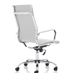 Right angle view of the white leather Nola executive home office chair.with matching chrome armrestsand 5 star base with triple lever .