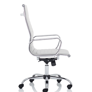 Left side view of the white leather cushioned all in one piece cushined seat and backrest , with matching chrome armrests and 5 star base with castor wheels.