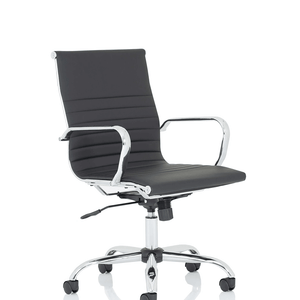 Picture showing the black leather medium height backed chair  with one piece seat and backrest cushioned seat and backrest, with matching chrome armrests and 5 star base.