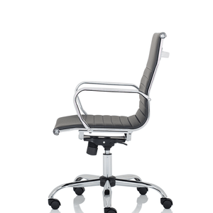 Side view of the Nola chair with contoured backrest, with waterfall front ,one piece seat and backrest, with chrome armrests and 5 star base , with castor wheels.