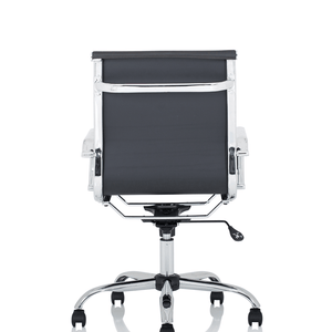 Back view of the black leather Nola chair with chrome armrests and chrome 5 star base with castor wheels.