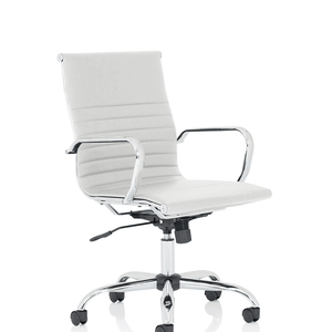 Showing white leather Nola chair with matching chrome armrests and 5 star base with castor wheels.