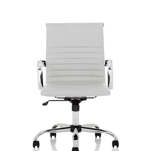 Front view of the white leather nola chair with one piece cushioned seat and backrest, with matching chrome armrestsand 5 star base, with castor wheels.