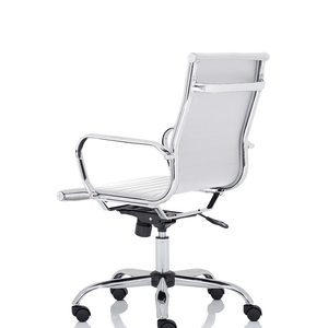 Side view of the white Nola executive home office chair , with chrome armrests and 5 star base .