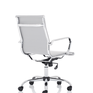 Side view of the white nola chair with matching chrome armrests and chrome 5 star base with castor wheels.