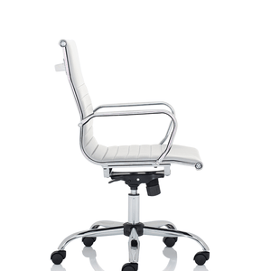 Right side view of the white Nola executive home office chair.with matching chrome armrests and 5 star base.