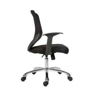 nova mesh back with black fabric seat executive home office chair. side view of the with nylon armrests. with chrome 5 star base and black castor wheels.