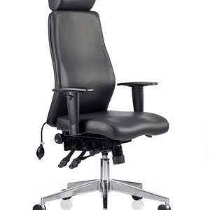 Showing the soft bonded leather Onyx ergo chair with headrest triple lever and brushed Aliminum 5 star base. and black castor wheels.