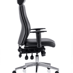 Side view of the soft bonded leather onyx ergo chair with contoured backrest cushioned seat, pump up lumbar support, triple  lever,multi function mechanism.aluminium 5 star base. and black castor wheels.