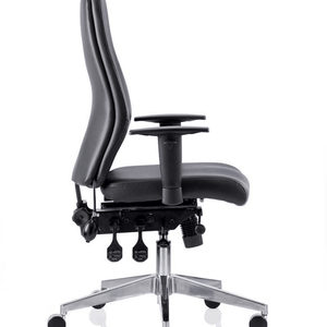 Side view of the soft bonded leather contoured backrest with triple lever mechanism of the onyx ergo posture home office chair.