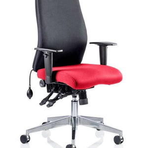 picture of the tabasco orange colured padded seat cushion with black fabric backrest of the onyx ergo home office chair.