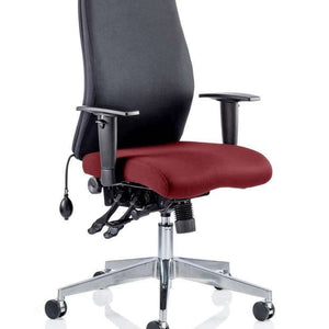 Picture of the ginseng chilli coloured seat cushion with black fabric backrest of the onyx ergo operator home office chair.