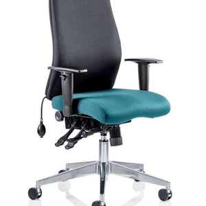 Picture of  maringa teal coloured fabric seat cushion with black  fabric backrest of the onyx  ergo operator home office chair.