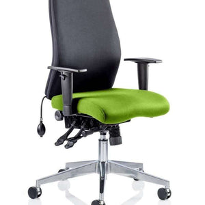 Picture of the senna green coloured fabric sest cushion with black fabric backrest of the onyx ergo posture home office chair.