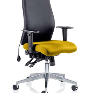 picture of the senna yellow coloured fabric cushioned seat with black fabric backrest,