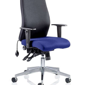 Showing picture of the stevia blue coloured fabric seat with black fabric backrest 